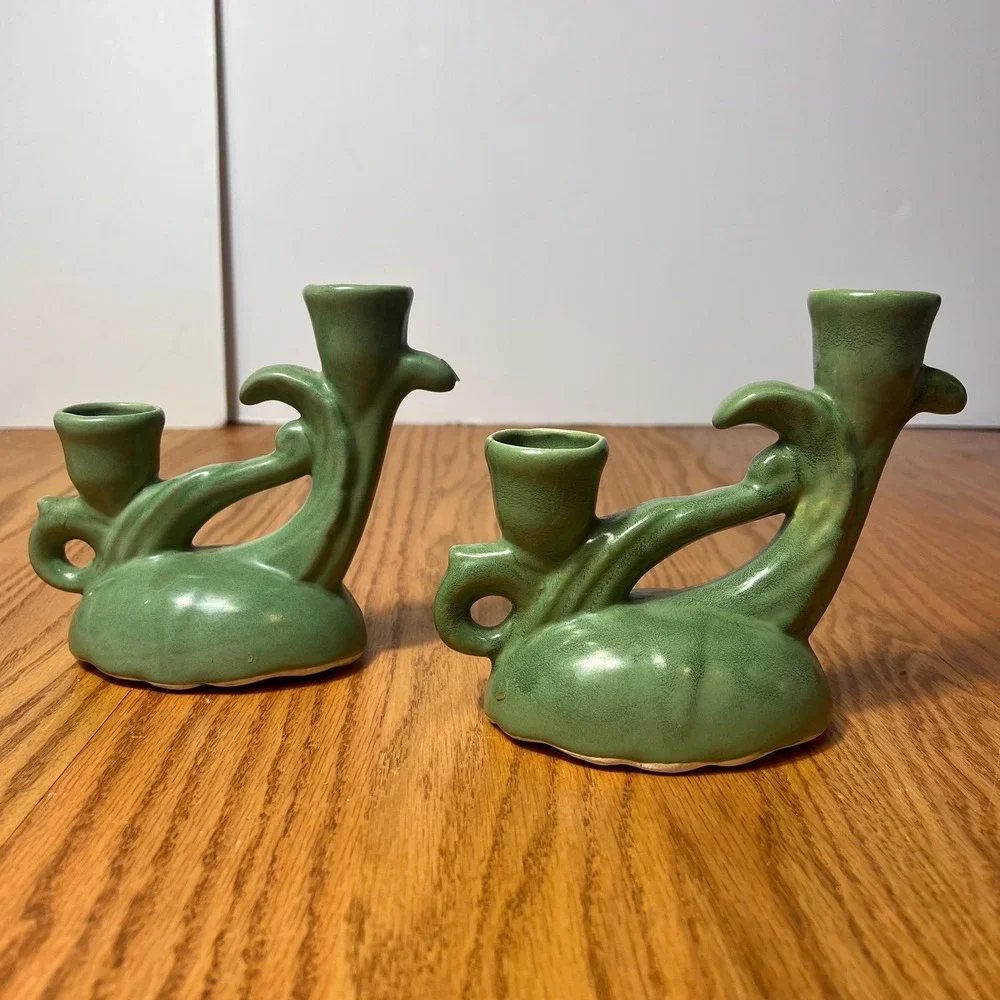 VTG Camark Pottery Pair of Green Double Candle Holders Mid Century Matte Glaze